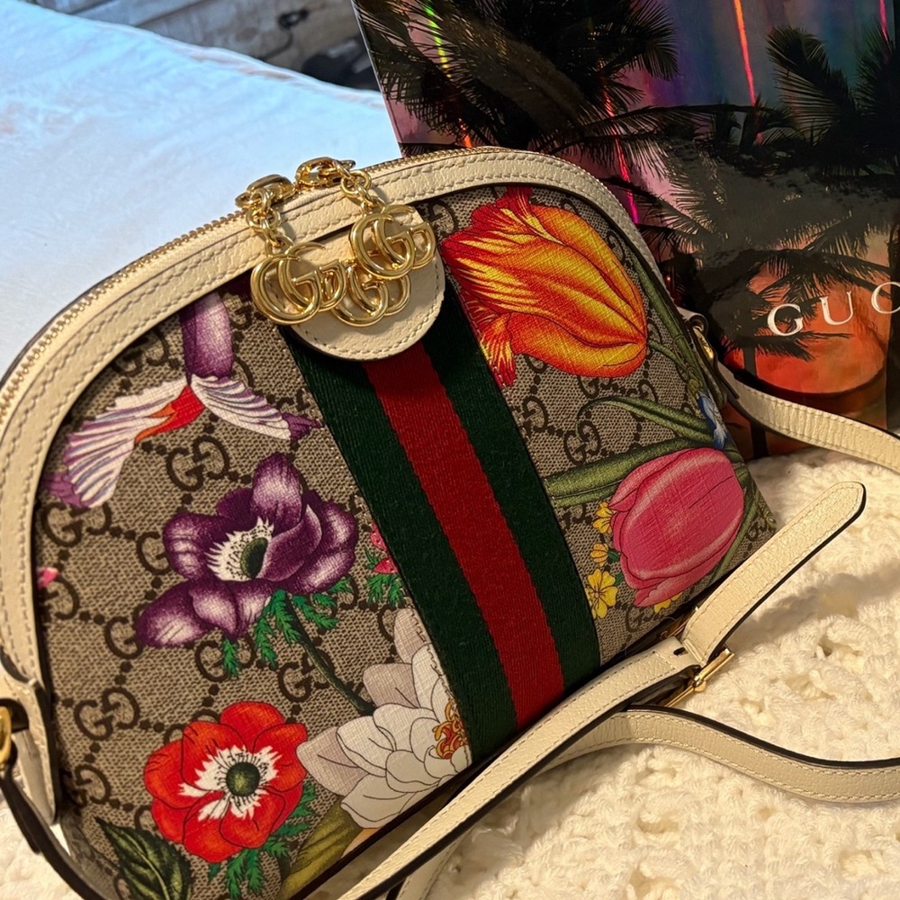 Gucci Beige Floral Crossbody Bag with Red and Green Stripe